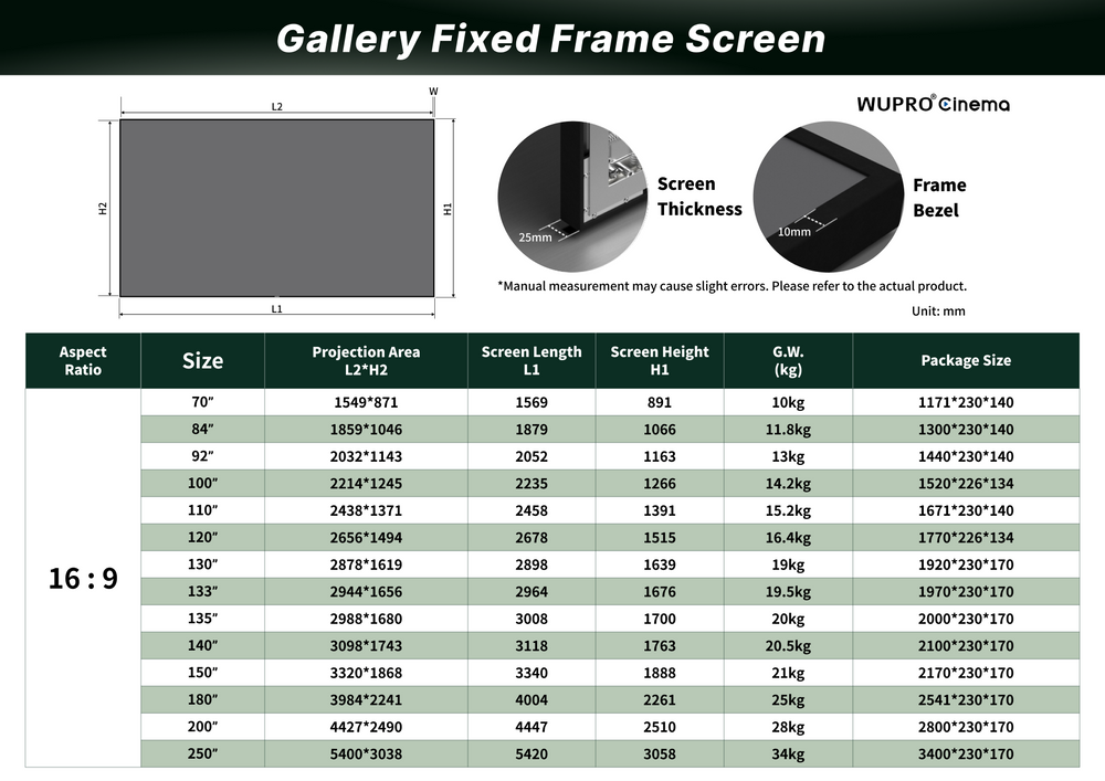 WUPRO Gallery fixed frame projector screen size chart with detailed dimensions