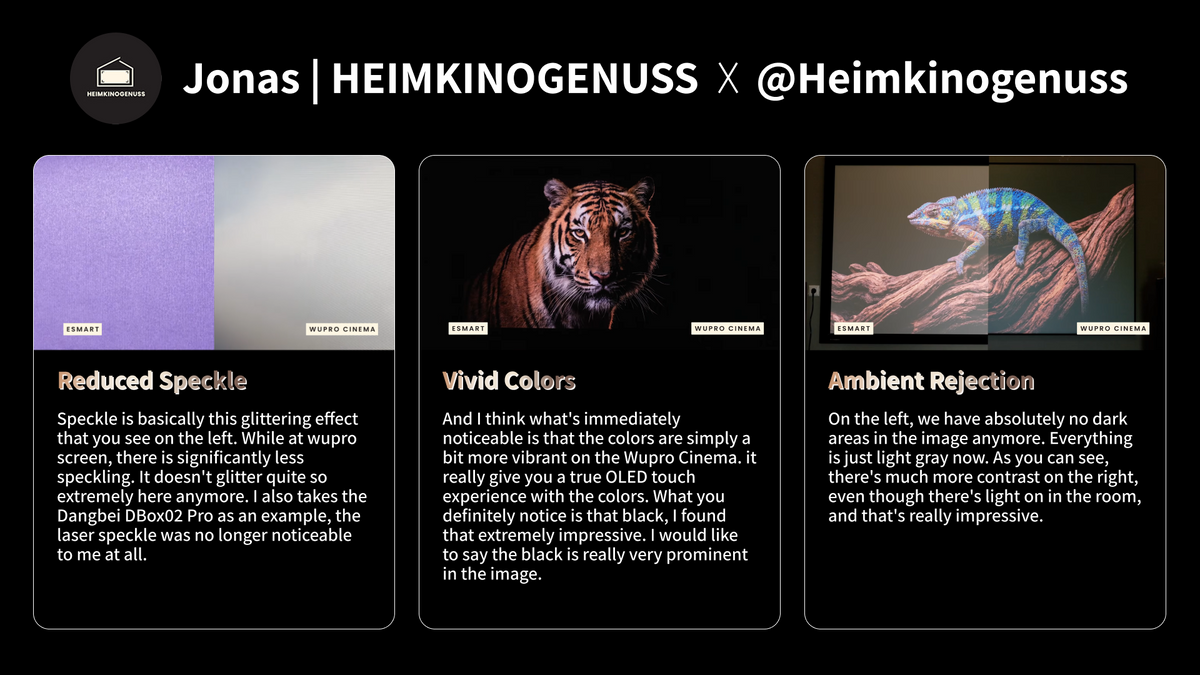 Jonas | HEIMKINOGENUSS review showing reduced laser speckle on the WUPRO Lenticular LT screen with hisense XR10, highlighting deeper black levels and light rejecting and reduced speckle issue.