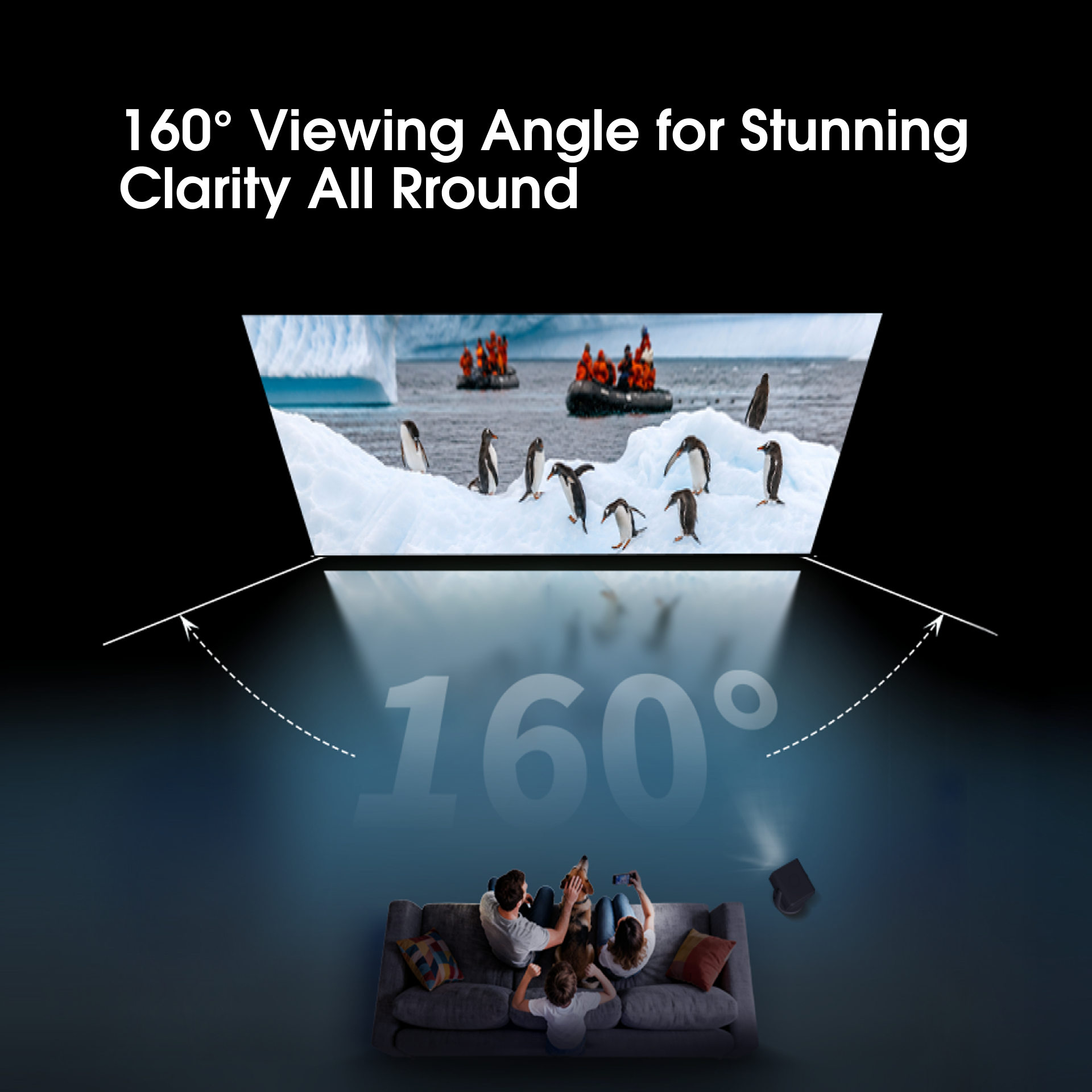 Seamless one-piece matte white screen material with a 160-degree wide viewing angle