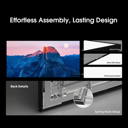 Close-up detail of the wupro slim bezel and narrow frame design for a modern minimalist fixed frame projection screen