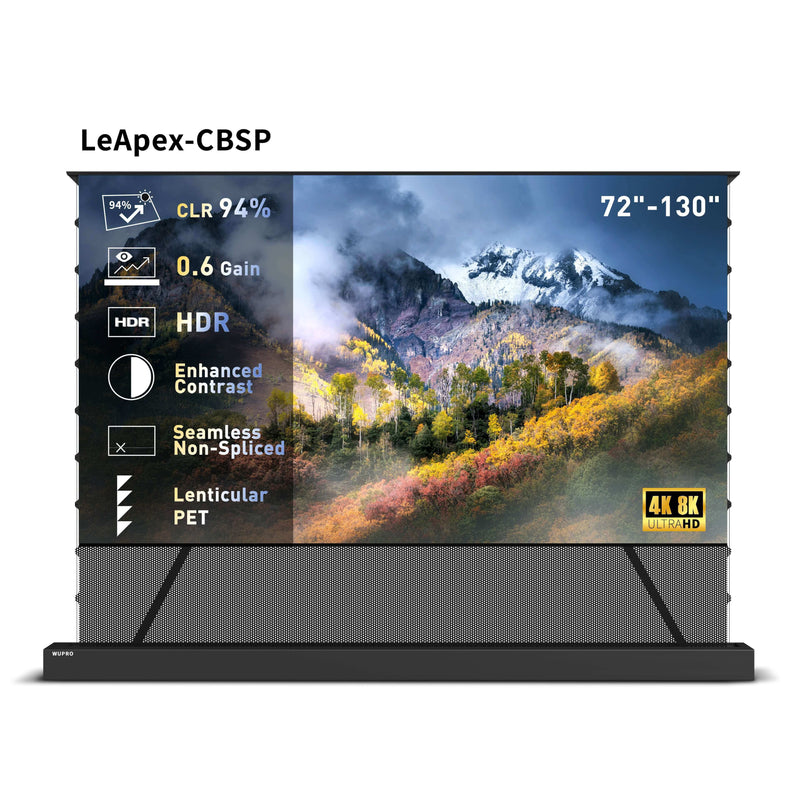 72 inch -130 inch WUPRO Cinema motorized floor rising UST CLR projector screen in a bright living room setup