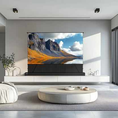 UST CLR ALR screen blocking ceiling light in a bright living room, providing high contrast 4K images