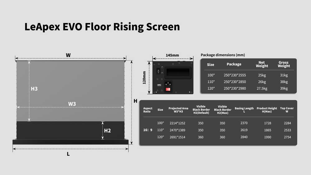 Dimensions and size chart for LeApex EVO UST screens available in 100", 110", 120"