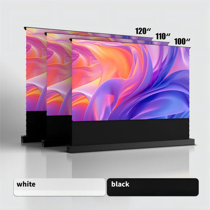 Size options from 100", 110", to 120" tfor WUPRO motorized floor rising projector screens.