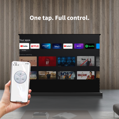 Motorized floor rising projector screen with app control, smart remote operation, adjustable screen positioning for home theater setup
