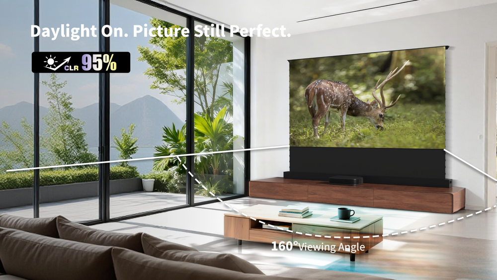 WUPRO LeApex EVO UST ALR screen performing in a bright living room with superior ambient light rejection