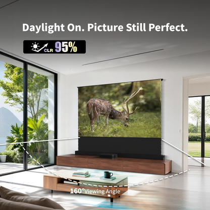 WUPRO UST CLR screen performing in a bright living room with 95% ambient ceiling light rejection