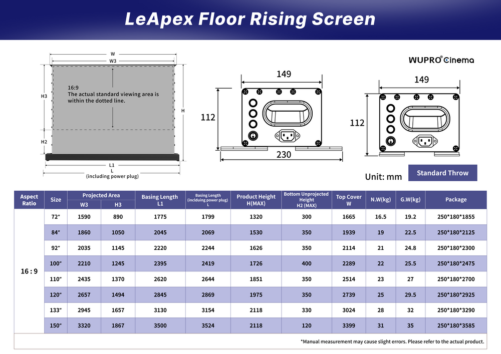 WUPRO Cinema LeApex Smart Motorisierte Boden-Hebeleinwand, weiches Mattweiß
