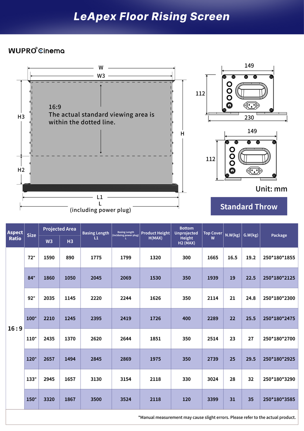 WUPRO LeApex motorized floor rising projector screen size chart and dimensions from 72 to 150 inches