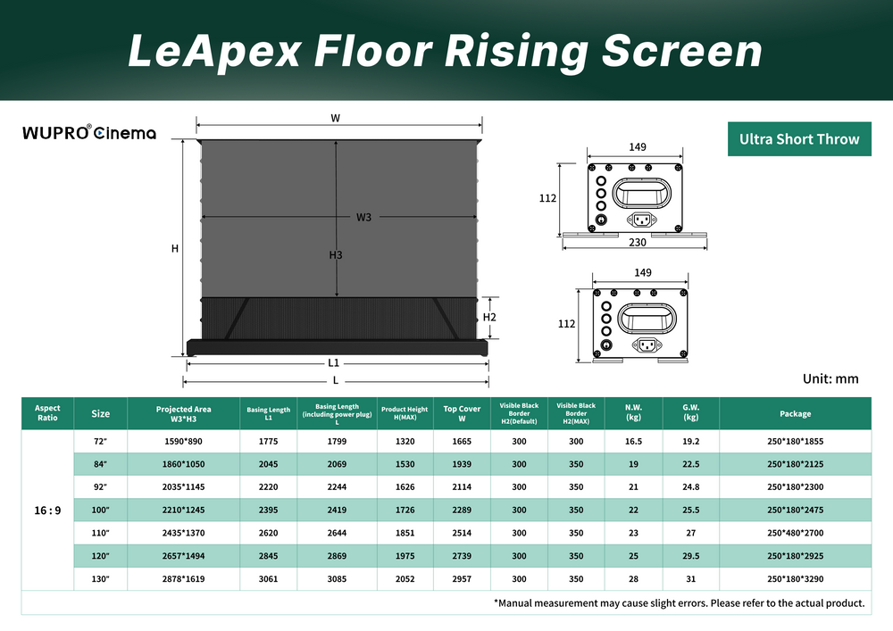 WUPRO Cinema LeApex CLR Smart Motorized Floor Rising Screen CBSP