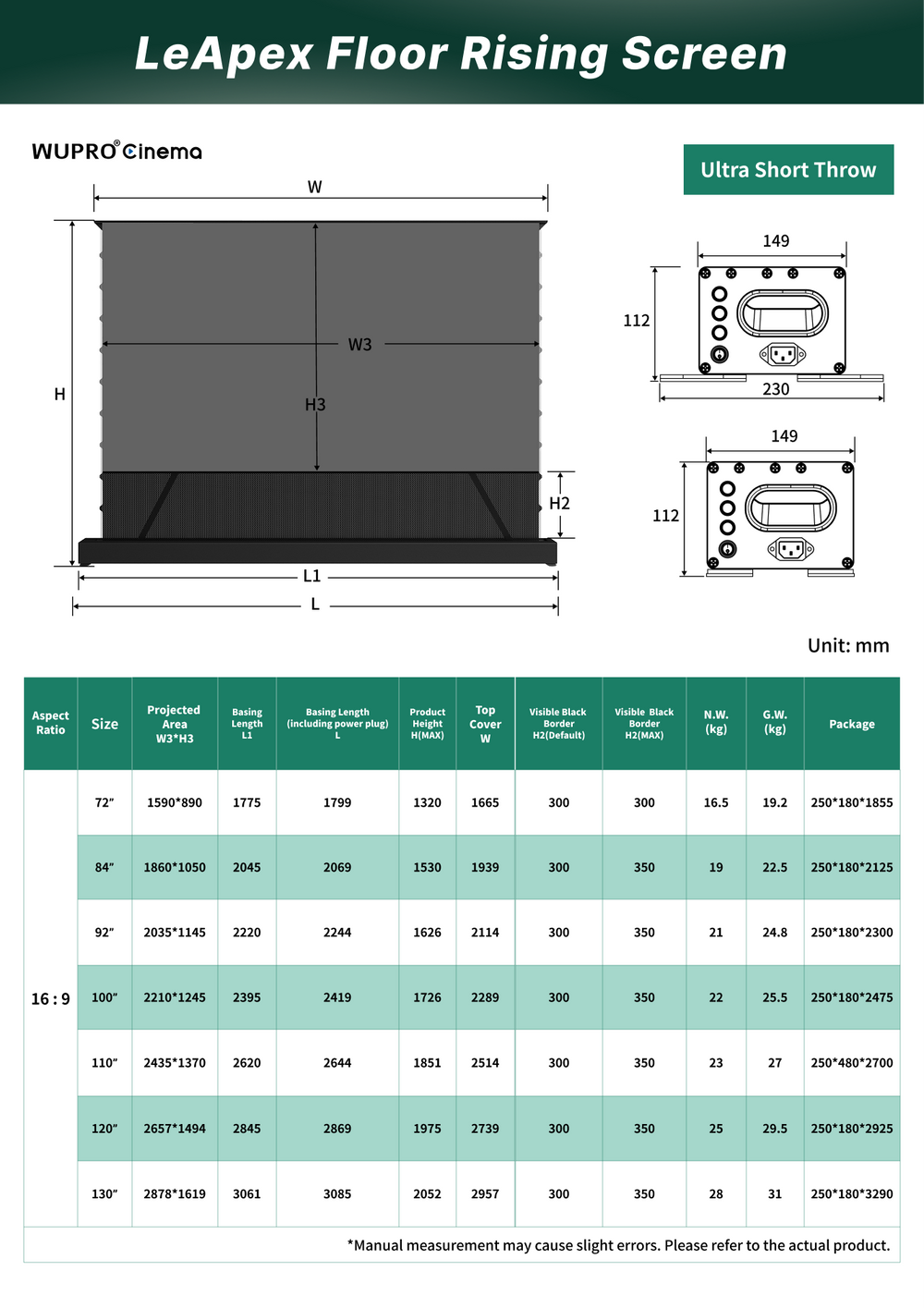 WUPRO LeApex CBSP UST floor rising screen dimensions and installation size guide