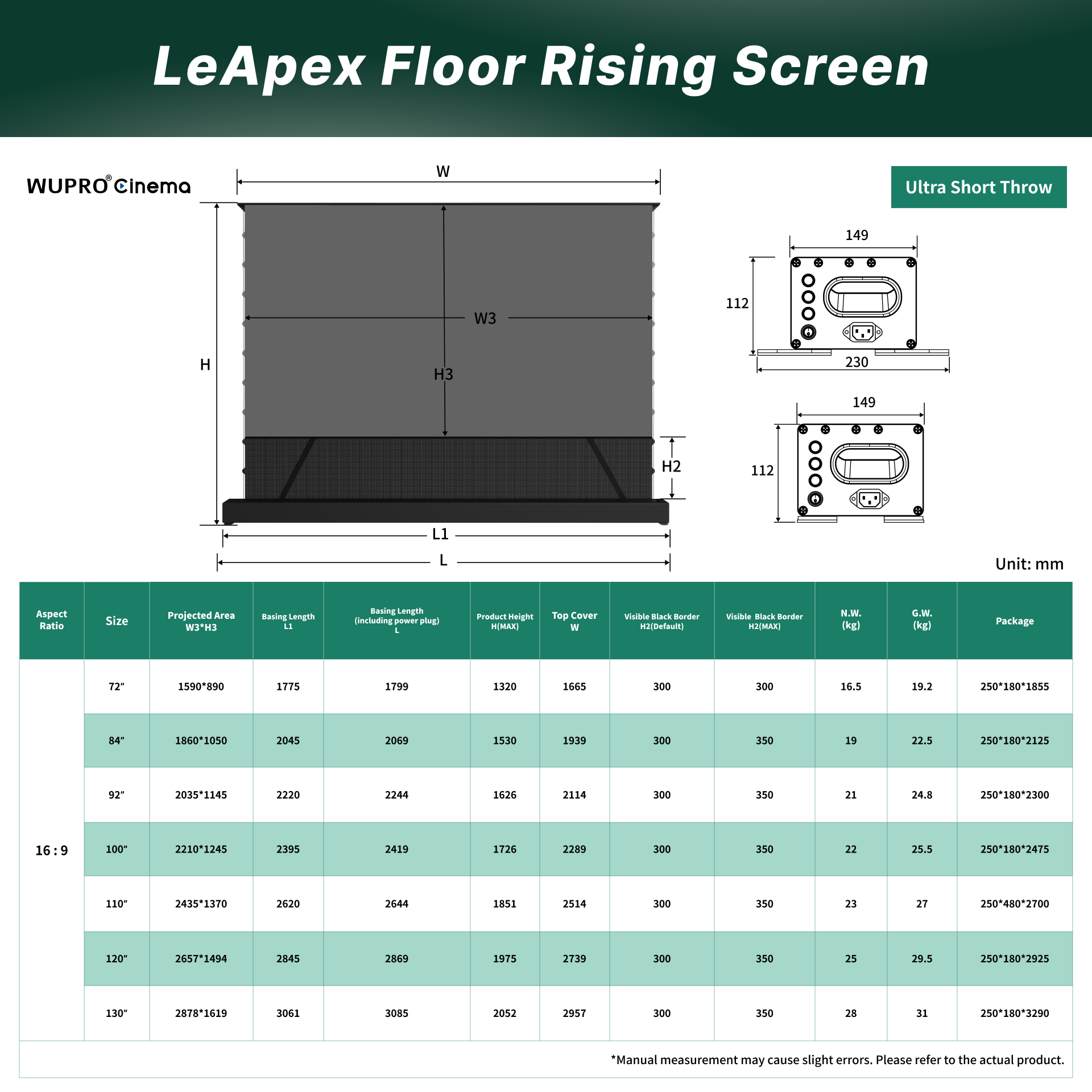 WUPRO Cinema LeApex CLR Écran motorisé à levage au sol intelligent CBSP