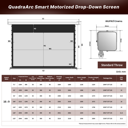WUPRO Cinema QuadraArc ALR Écran motorisé à projection frontale et arrière, noir cristal