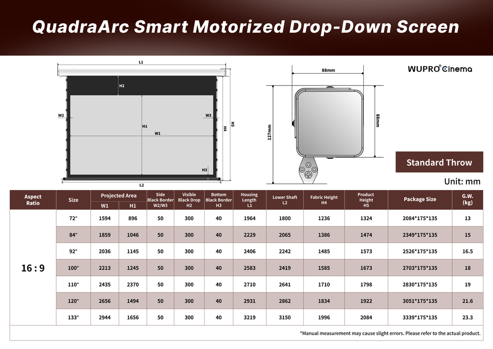 WUPRO Cinema QuadraArc ALR Smart Motorisierte Drop-Down-Leinwand Schwarzer Kristall