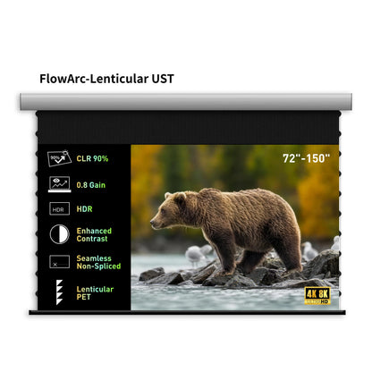 WUPRO FlowArc 72–150 inch motorized drop-down UST projector screen with Lenticular CLR ALR surface