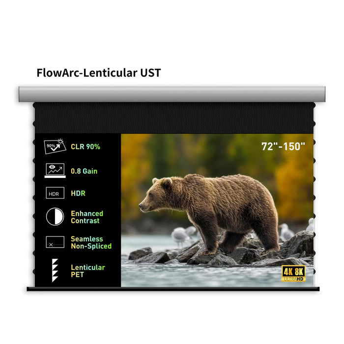 WUPRO FlowArc 72–150 inch motorized drop-down UST projector screen with Lenticular CLR ALR surface