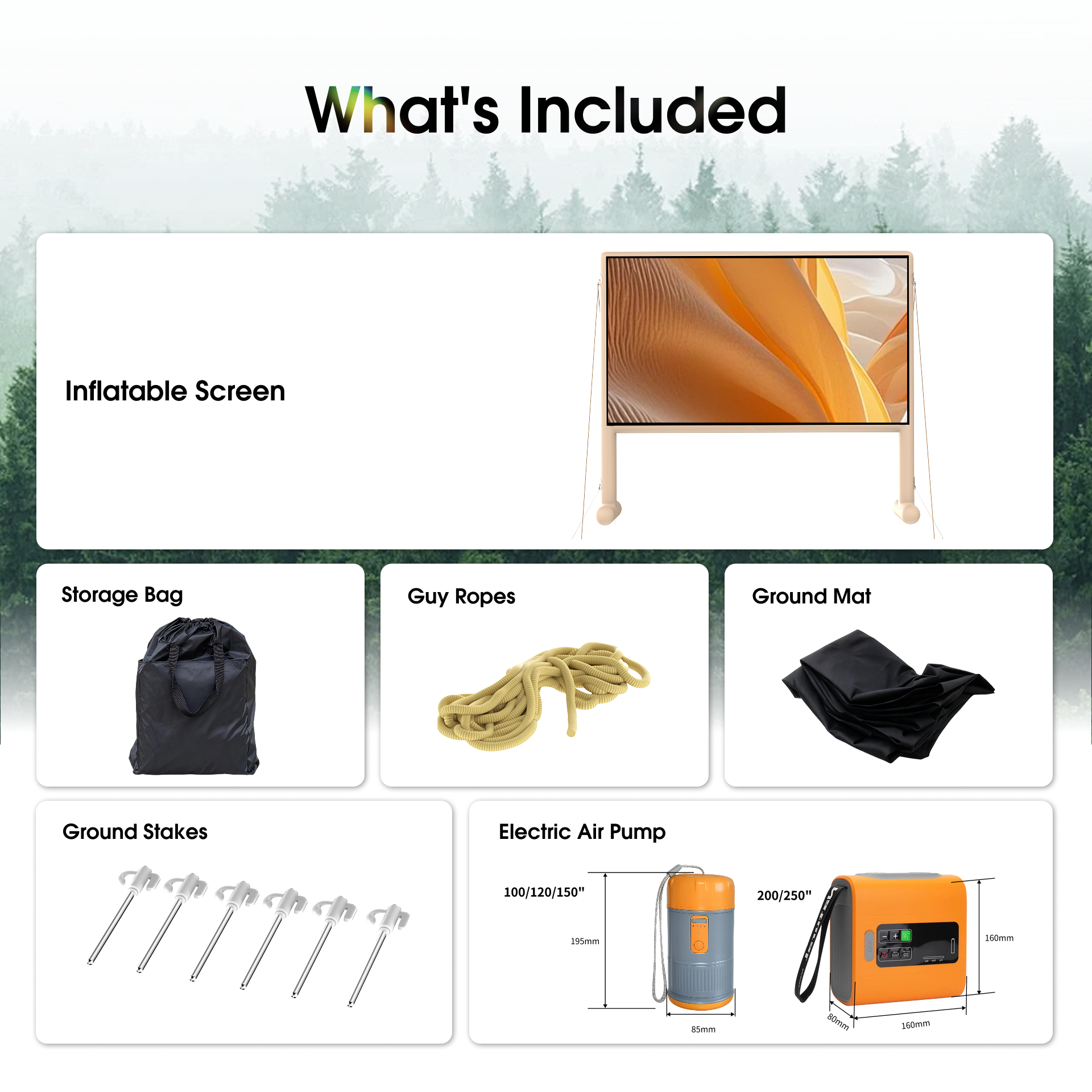 Complete package content list included with AIRGO inflatable movie screen