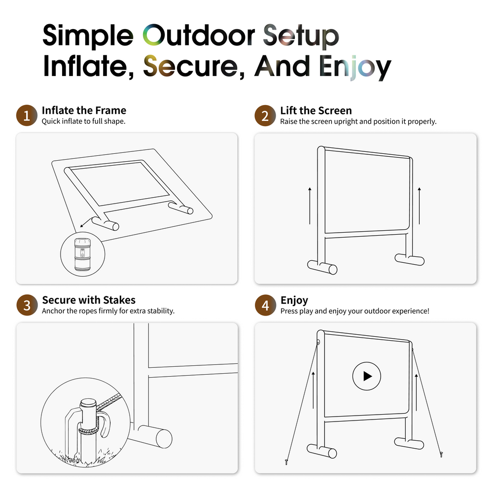 Easy 4-step setup and installation guide for AIRGO outdoor screen