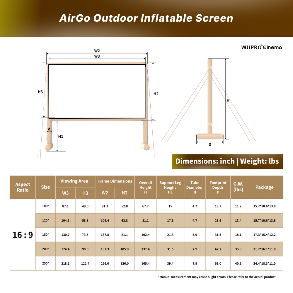 Multiple sizes available chart for AIRGO inflatable outdoor screen measurement in inch and lbs