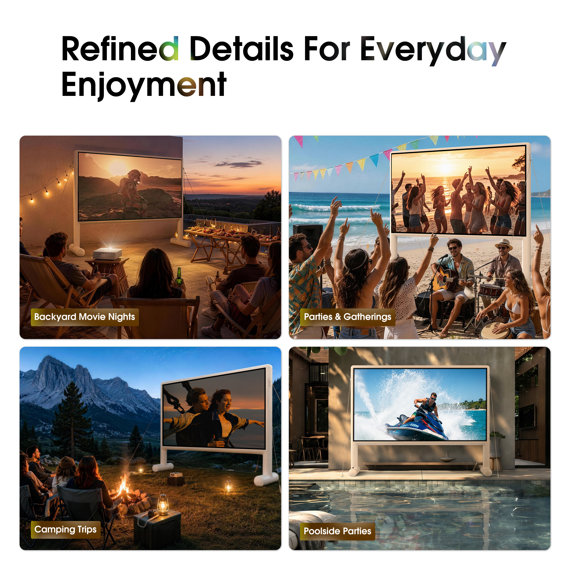 Versatile AIRGO inflatable screen for rooftop pool camping and party