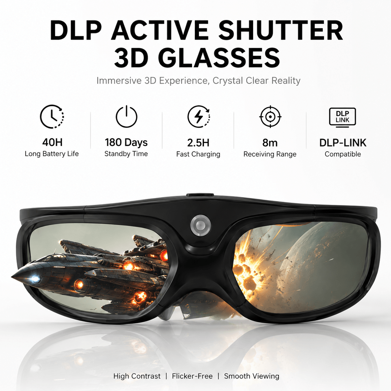 Key specifications of rechargeable DLP-Link 3D glasses