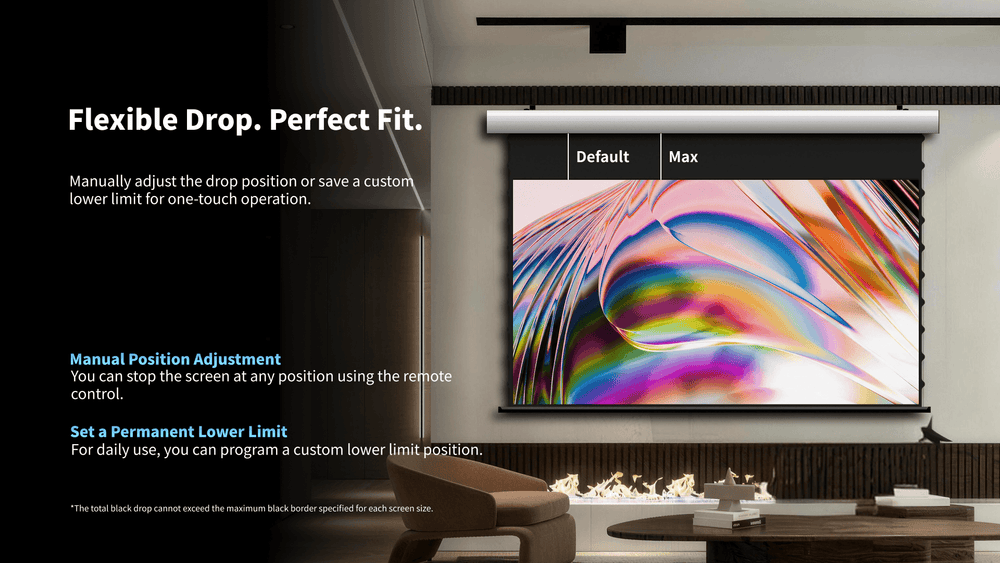 FlowArc woven acoustically transparent drop-down screen with adjustable height settings and memory position function for convenient operation