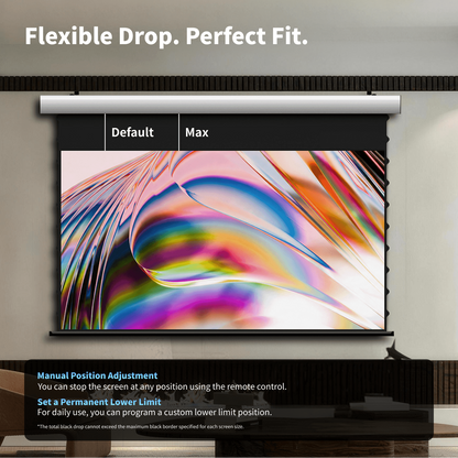 wupro flowarc motorized projection screen with adjustable black border and black drop masking system, allowing precise frame control. Screen position can be manually adjusted and stopped at any height using the remote control, and users can also set a permanent lower limit position for daily use convenience and consistent viewing setup.