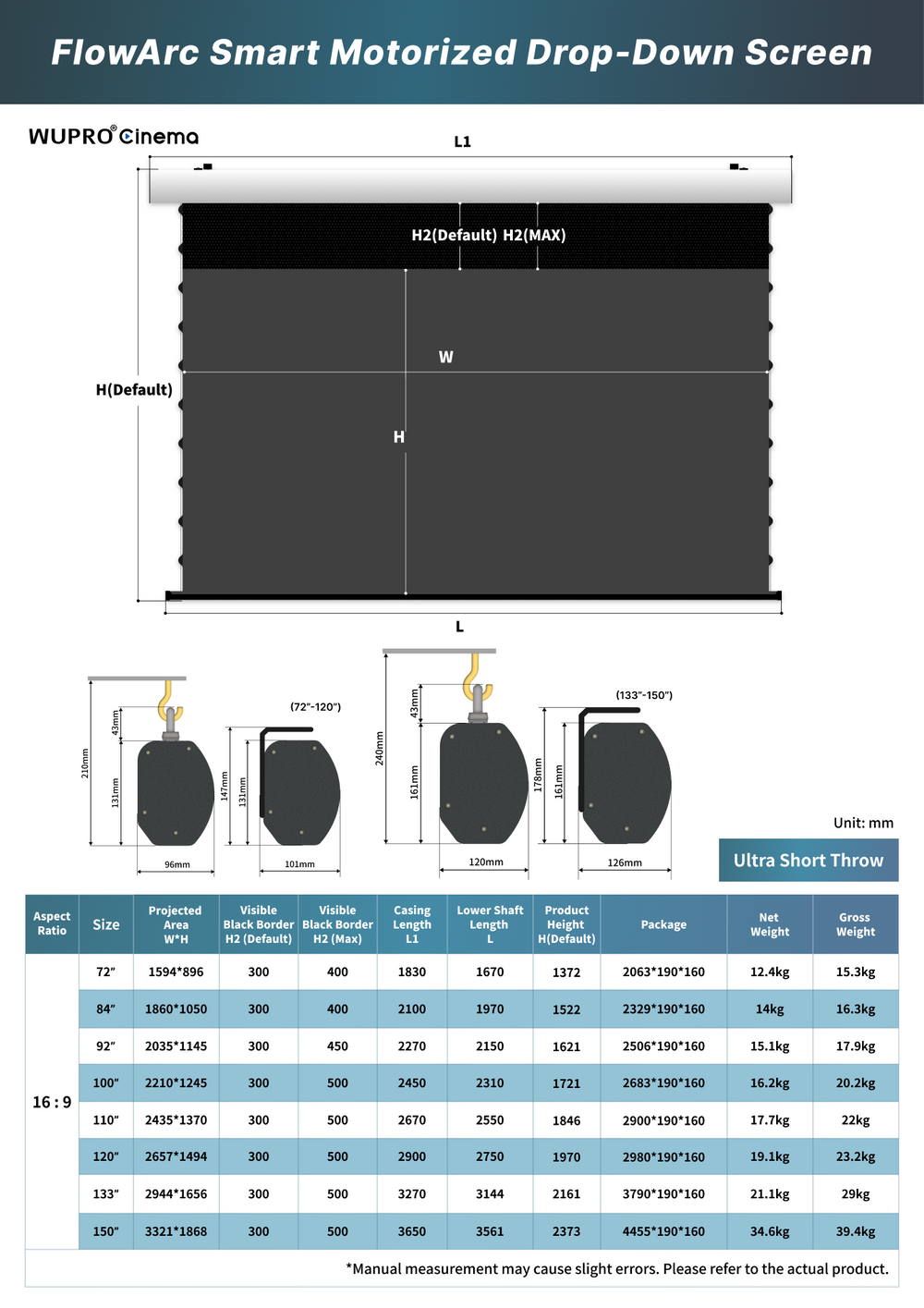 WUPRO FlowArc UST projector screen size and dimension chart