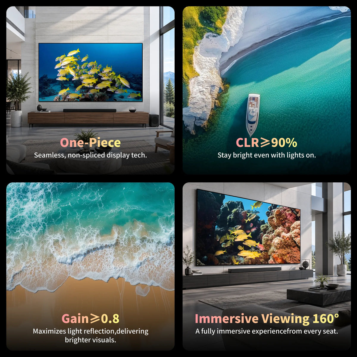Wupro Cinema Gallery Lenticular UST screen features 0.8 gain and 90% ceiling light rejection.
