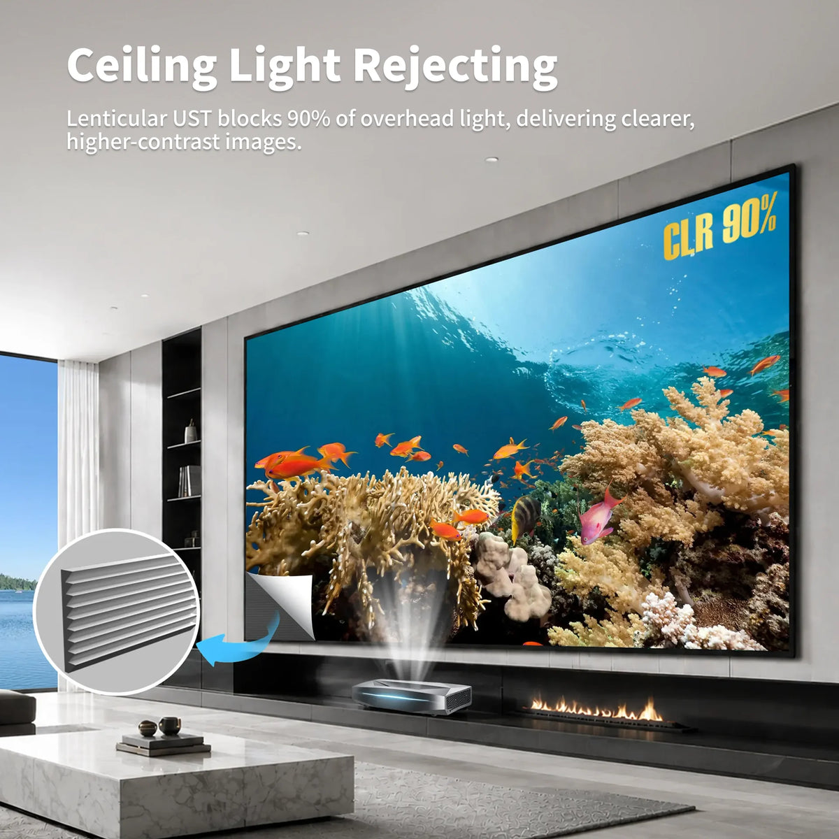 Wupro Cinema Gallery Lenticular UST 150 inch ALR screen rejects ceiling light for better contrast and clearer images in bright rooms.