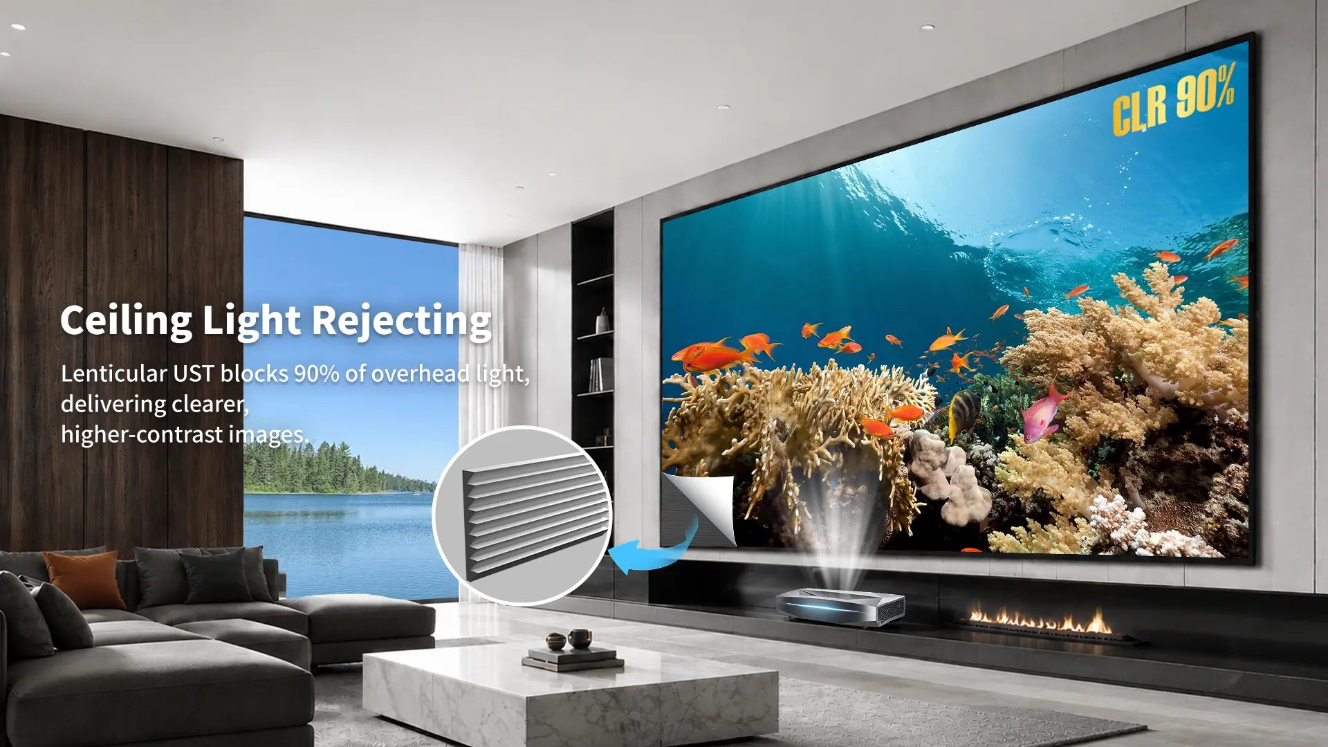 Wupro Cinema Gallery Lenticular UST 150 inch ALR screen rejects ceiling light for better contrast and clearer images in bright rooms.
