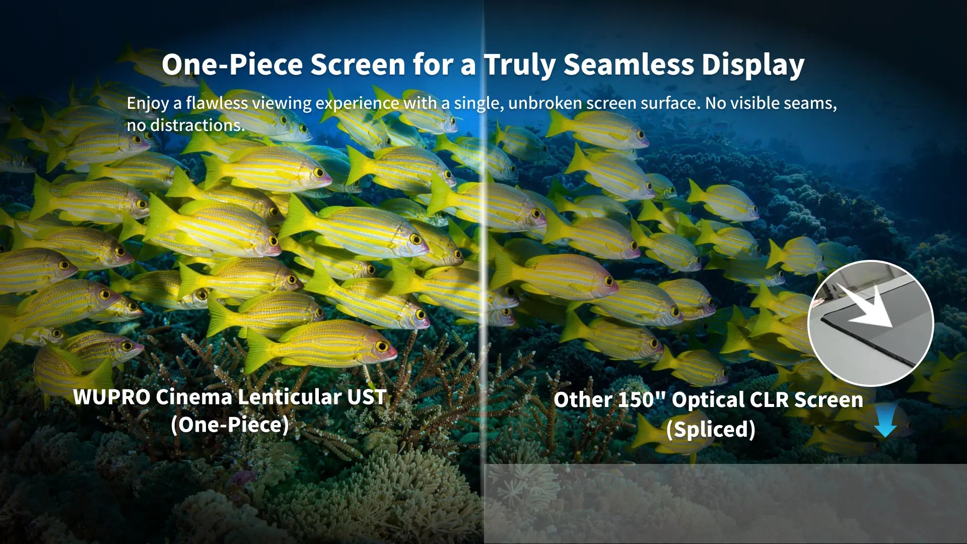 Wupro Cinema seamless true one piece seamless surface ensuring no color difference on 150 inch UST screen.