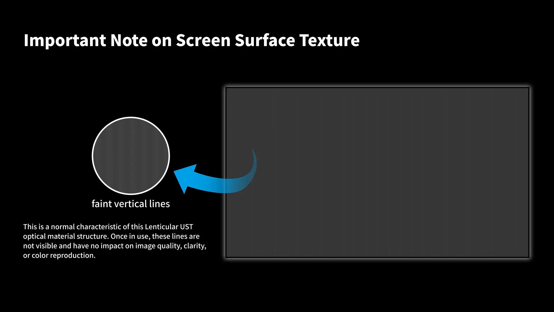 Wupro Cinema close-up of Gallery Lenticular UST 150 inch screen optical surface and texture with vertial lines when unprojected.