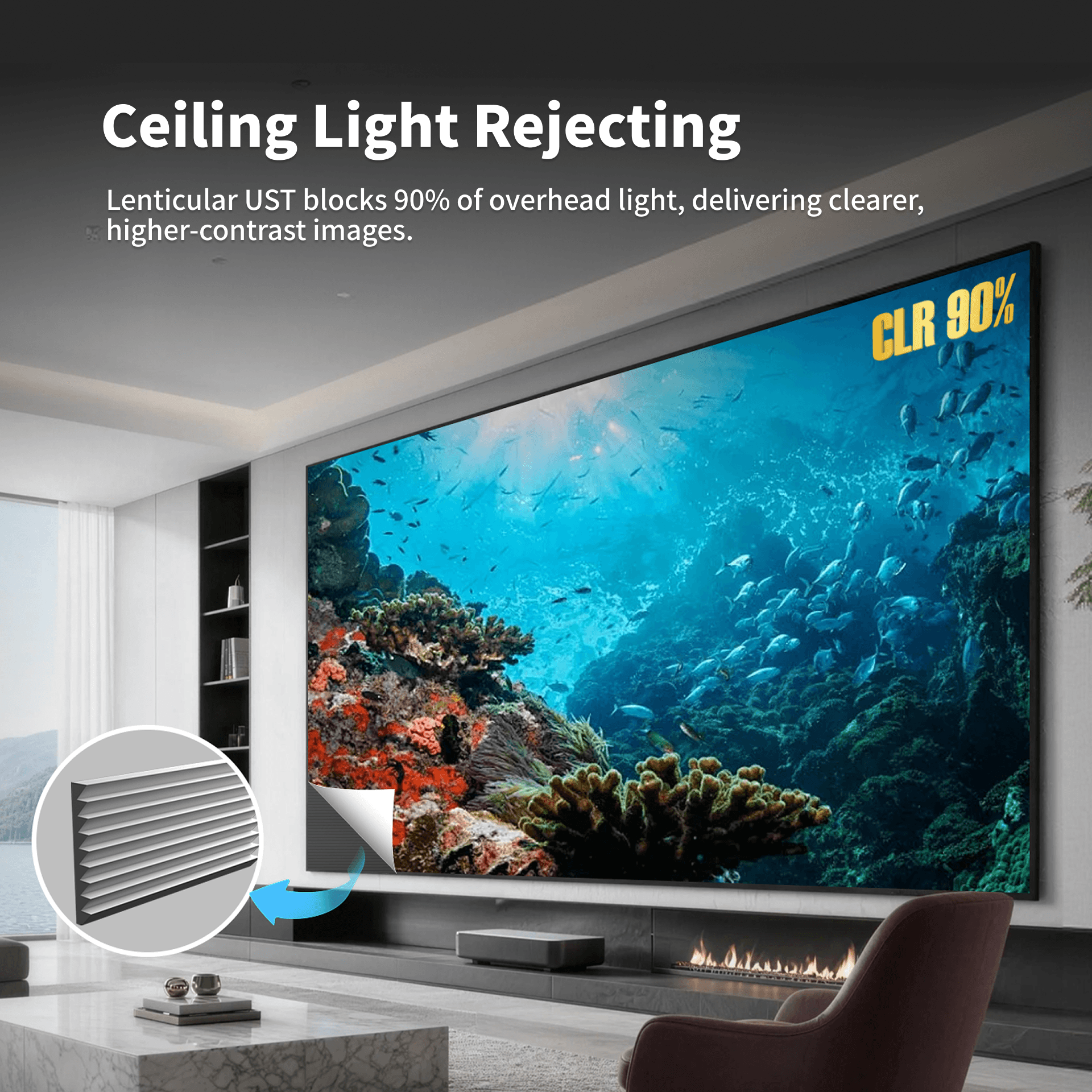 Wupro Cinema Gallery Lenticular UST 150 inch screen performance in bright living room daylight,  fixed frame wall mount screen, featuring lenticular material, 90% ceiling light rejection.