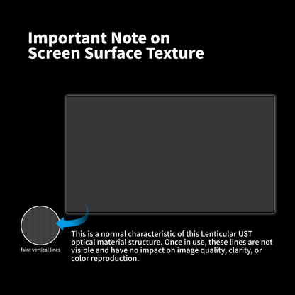 Wupro Cinema  Gallery Lenticular UST 150 inch screen optical surface and texture with vertial lines when unprojected.