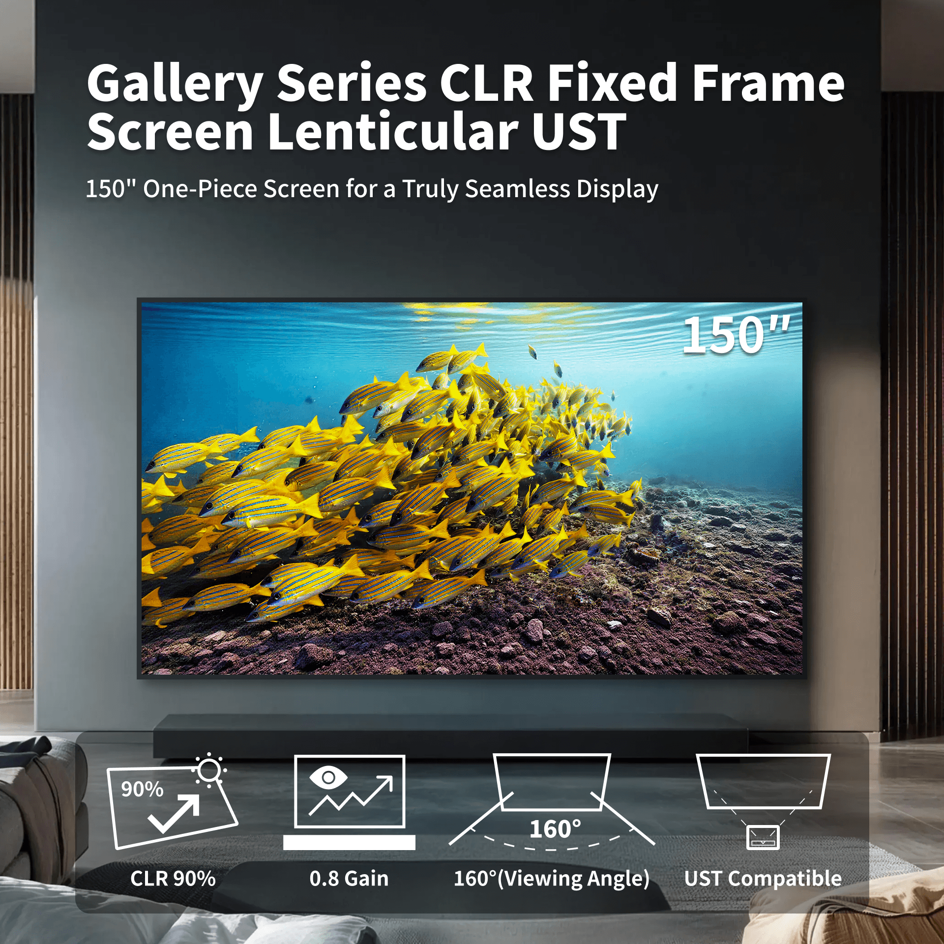 WUPRO Cinema wall mounted screen is a single, continuous 150-inch panel — no seams, no splices — for a clean, uninterrupted viewing surface