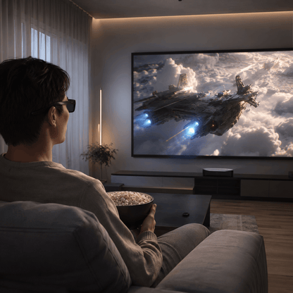 Family enjoying immersive 3D movies with DLP active shutter glasses
