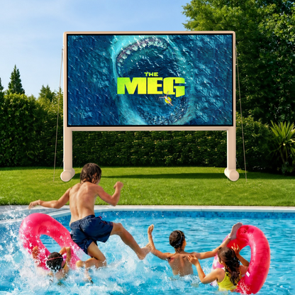 Inflatable projector screen beside a swimming pool for outdoor movie nights and pool parties