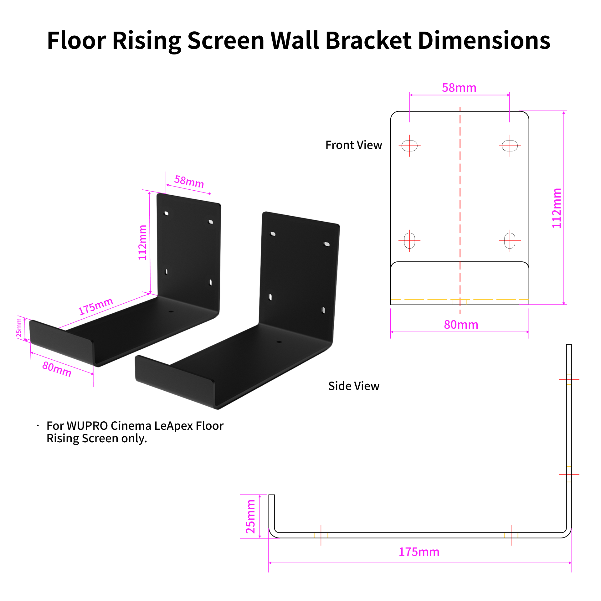 LeApex Floor Rising Screen Wall Installation Bracket Size Details
