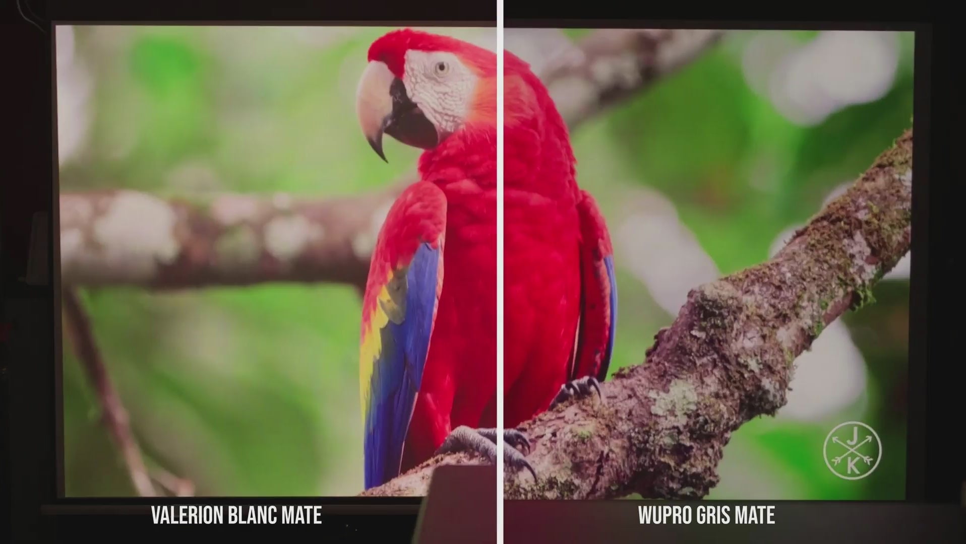 Load video: Comparison between Valerion Matte White and WUPRO Matte Grey projection screens showing differences in brightness, contrast, and image depth under the same projector XGIMI Titan Noir Max