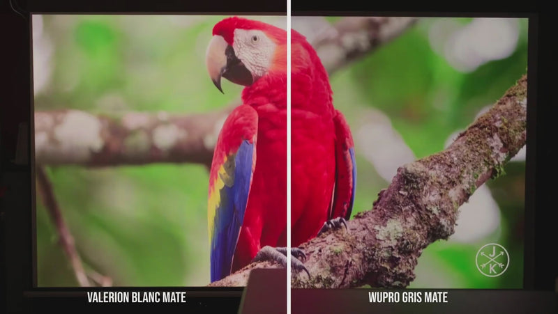 Comparison between Valerion Matte White and WUPRO Matte Grey projection screens showing differences in brightness, contrast, and image depth under the same projector XGIMI Titan Noir Max