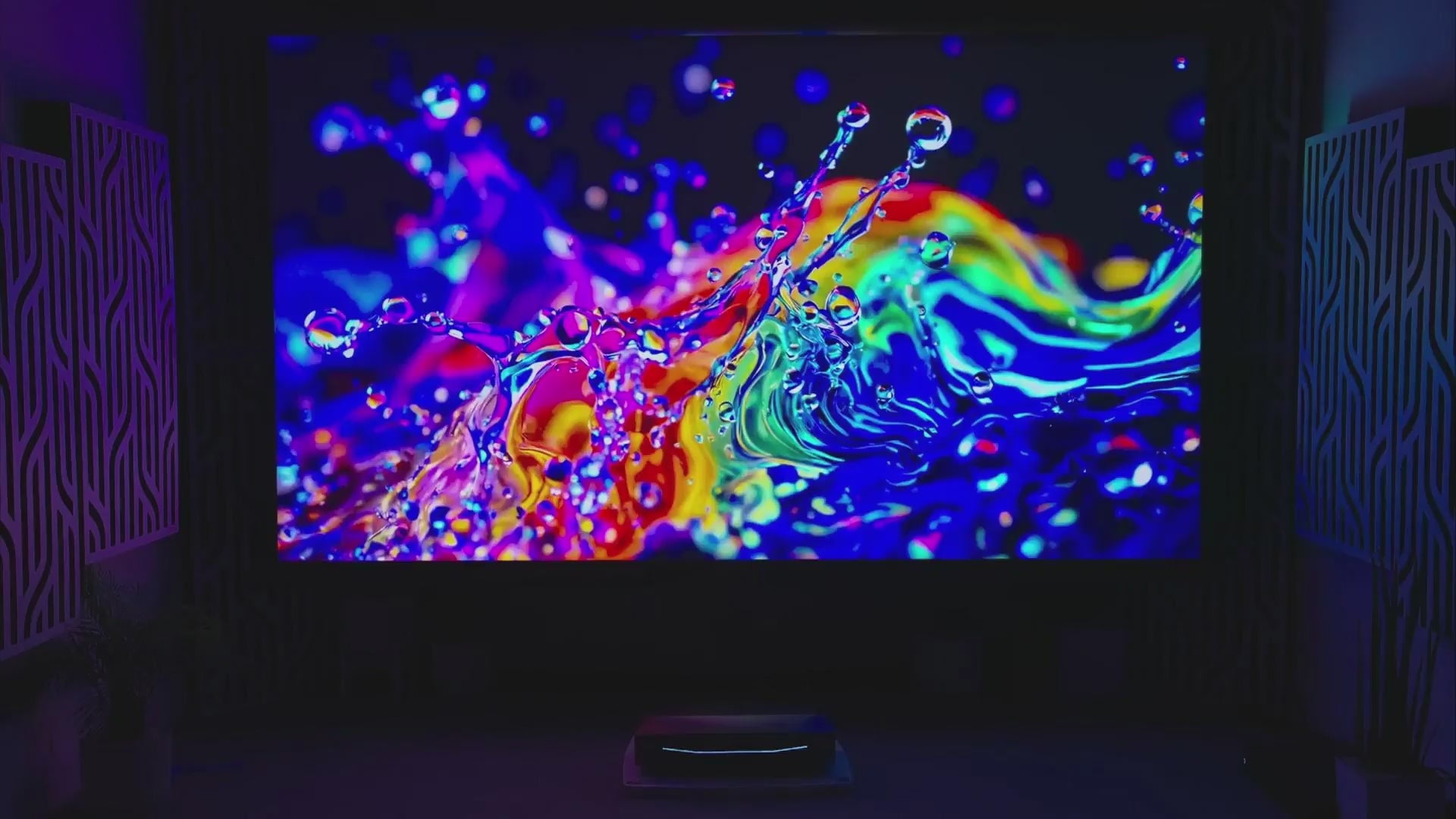 Load video: AWOL VIsion Aetherion MAX and XGIMI Titan Noir Max projector performance on WUPRO Grey Matte soft screen in a dark room environment, showcasing deep black levels and high contrast home theater setup.