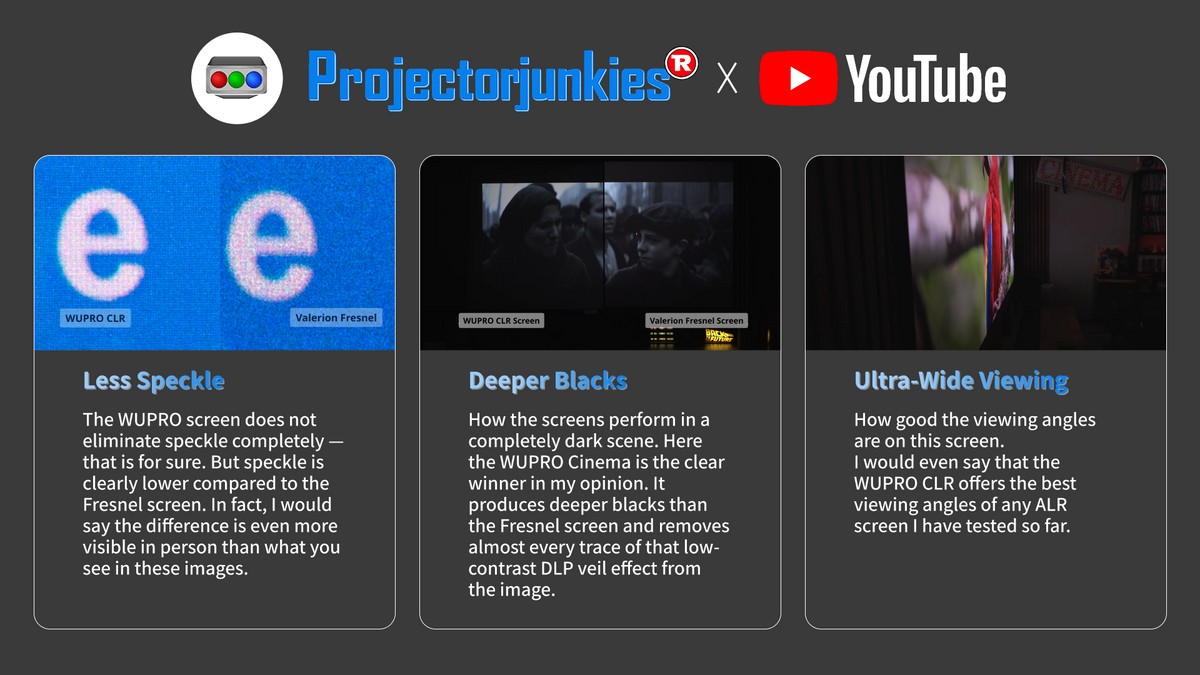 ProjectorJunkies review showing reduced laser speckle on the WUPRO Lenticular LT screen, highlighting deeper black levels and dark scene performance and the ultra wide viewing angle