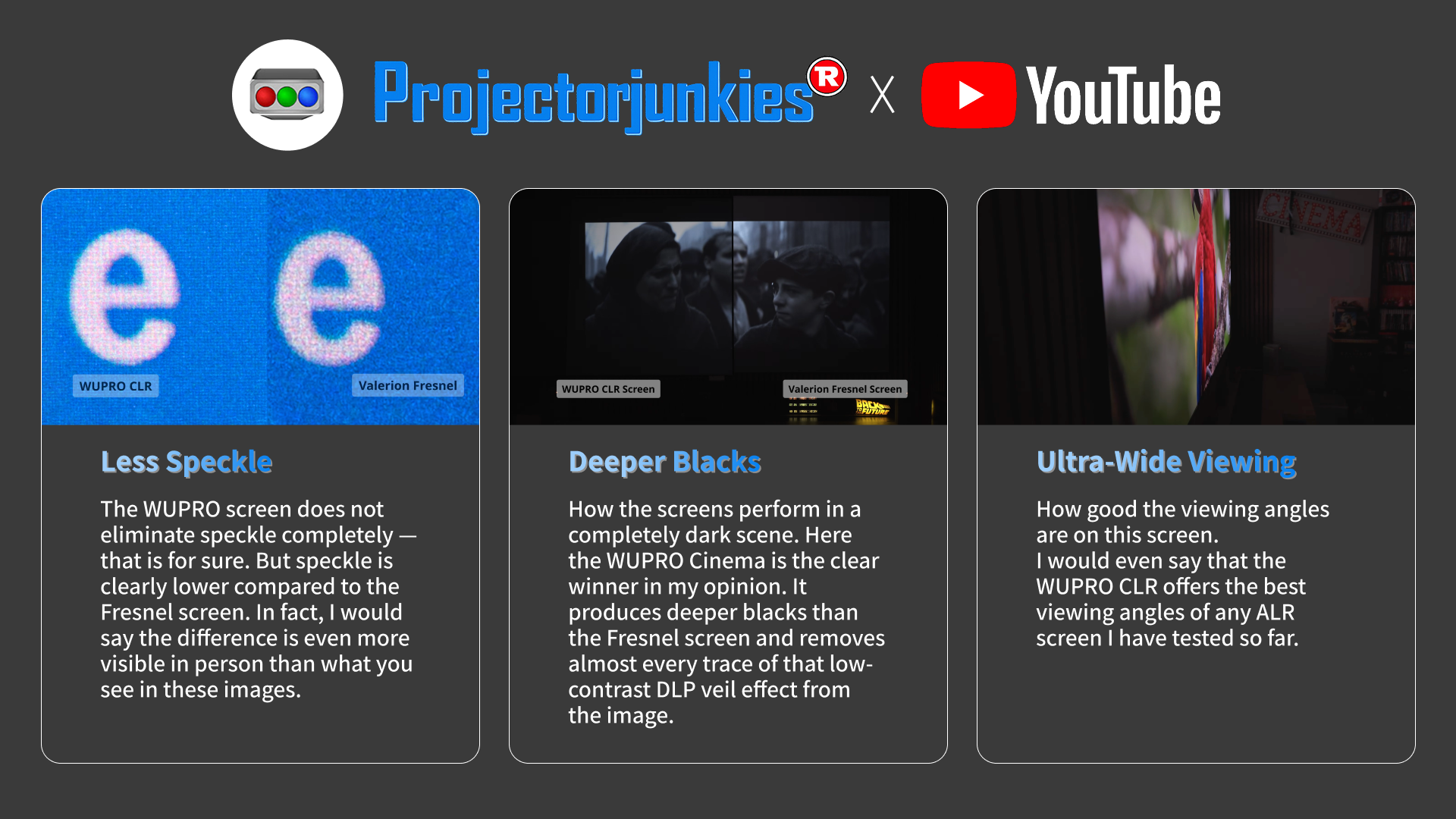 ProjectorJunkies review showing reduced laser speckle on the WUPRO Lenticular LT screen, highlighting deeper black levels and dark scene performance and the ultra wide viewing angle