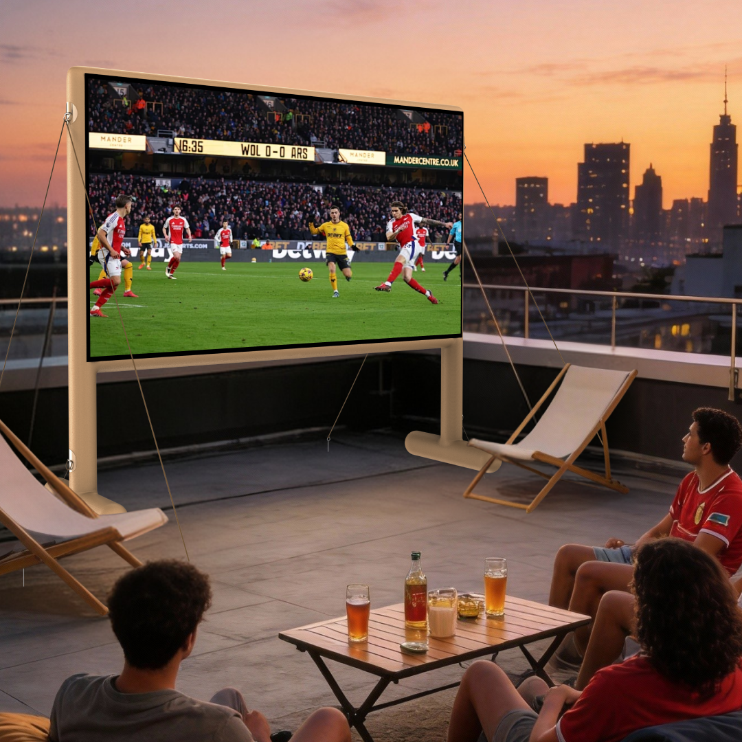 Inflatable projector screen on a rooftop terrace for outdoor movies and live sports viewing