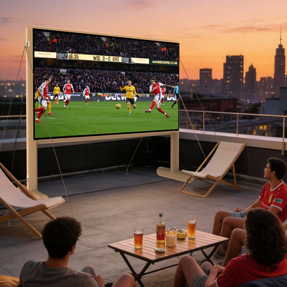 Inflatable projector screen on a rooftop terrace for outdoor movies and live sports viewing