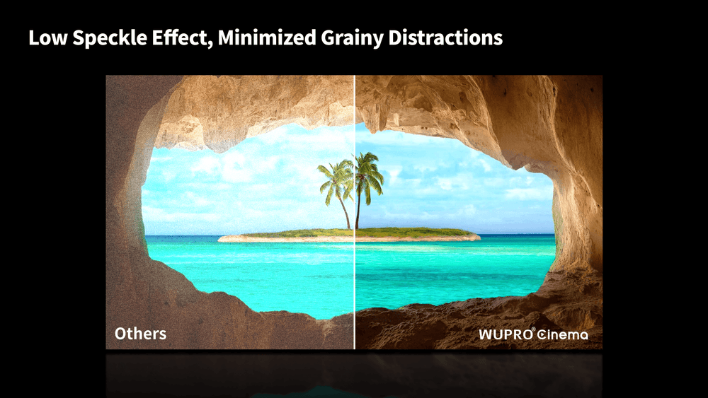 Soft Matte Grey projection screen reducing laser speckle by up to 85 percent for a smoother viewing experience