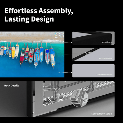 Soft Matte Grey projector screen designed for quick and easy installation in home theater environments