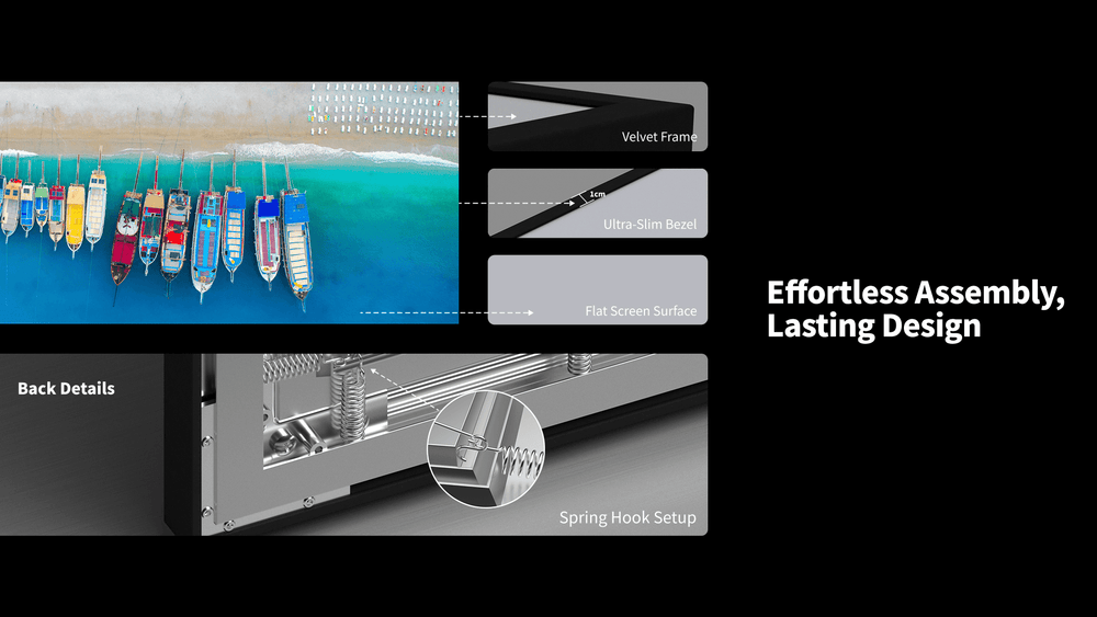 Soft Matte Grey projector screen designed for quick and easy installation in home theater environments