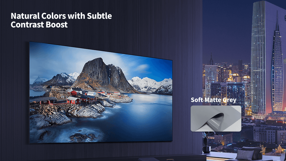 Soft Matte Grey screen providing moderate contrast enhancement compared with traditional white projection screens